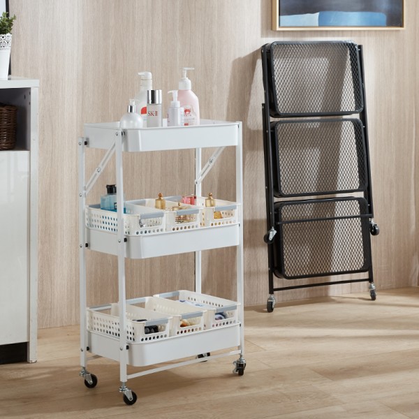 Collapsible Utility Cart - 3-Tier Streamlined Carbon Steel Folding Rolling Cart with 4 Wheels (Armrest-Free Design)