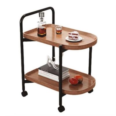 Living Room Coffee Table - Mobile Two-Tier Industrial Wood & Carbon Steel Rolling Table
